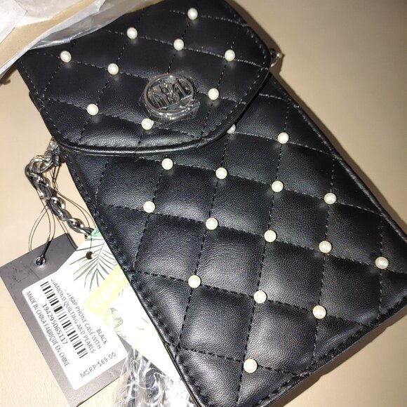 Badley Mischa Black Quilted Crossbody Bag Studio Pearl Accent Silver Chain Strap - Picture 5 of 10